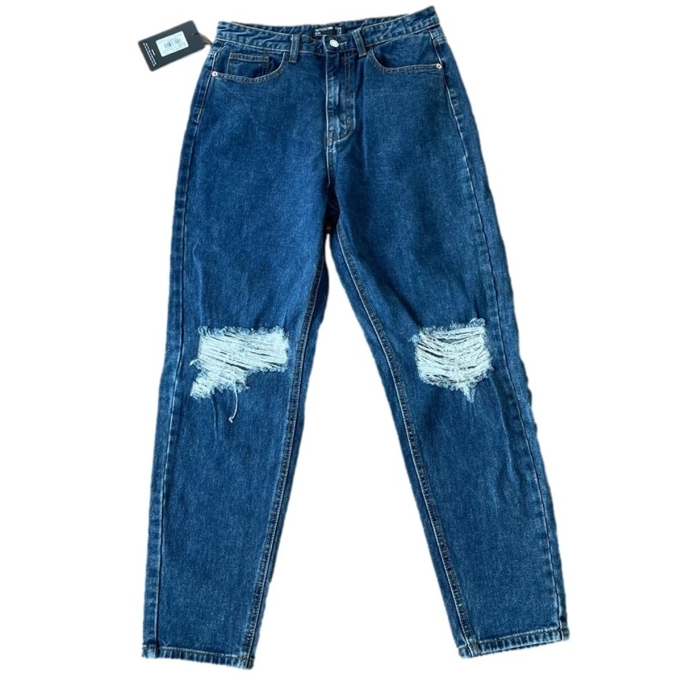 Pretty Little Thing Mom Jeans Size 8 Dark Blue Knee Rip Distressed